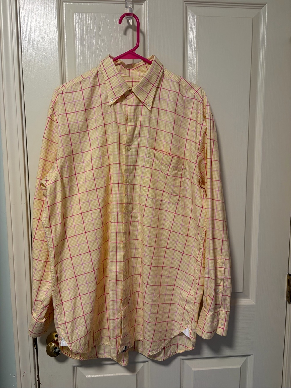 Peter Millar Men's Yellow Shirt with Pink Windowpane Plaid